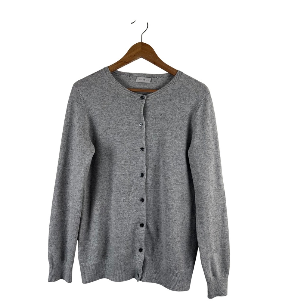 Jennie Liu Gray Cashmere Cardigan Sweater Crew Neck Button Front Long Sleeve